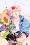  1boy bad_id bad_pixiv_id battle_tendency birthday black_gloves blonde_hair blue_jacket caesar_anthonio_zeppeli cattail character_name closed_eyes confetti eyebrows_visible_through_hair facial_mark facing_viewer feathers fingerless_gloves flower gloves hair_feathers happy_birthday head_wreath headband_removed holding holding_flower holding_stick jacket jojo_no_kimyou_na_bouken kumi_(kkumicha) light_blush male_focus petals pink_flower plant shirt short_hair short_sleeves smile solo stick sunflower upper_body white_shirt yellow_flower 