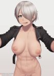  1girl :p angel_(kof) areolae blue_eyes breasts hair_over_eyes highres jacket large_breasts leather leather_jacket mexican muscular muscular_female navel nipples putcher the_king_of_fighters tongue tongue_out white_hair 