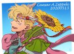  1boy battle_tendency birthday blonde_hair blue_gloves caesar_anthonio_zeppeli carota327 character_name closed_eyes dated facial_mark feathers fingerless_gloves flower from_side gloves hair_feathers happy headband holding holding_flower jojo_no_kimyou_na_bouken male_focus open_mouth outline pink_scarf profile scarf short_hair sideways_mouth smile solo sunflower triangle_print white_outline yellow_flower 
