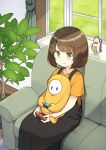  1girl 1other absurdres black_dress bob_cut brown_hair controller couch dress fall_guys furuneo game_controller green_eyes highres indoors joy-con nintendo_switch pinafore_dress plant playing_games potted_plant sitting sitting_on_lap sitting_on_person smile window 