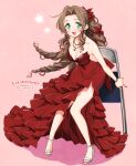  1girl :d aerith_gainsborough bare_arms bare_shoulders breasts brown_hair chair cleavage dress final_fantasy final_fantasy_vii folding_chair green_eyes high_heels krudears long_hair looking_at_viewer medium_breasts open_mouth pink_background red_dress red_nails smile solo star_(symbol) strapless strapless_dress strappy_heels 