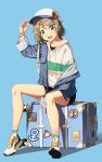  1girl adjusting_clothes adjusting_headwear baseball_cap black_shorts blue_background blue_eyes collarbone corsetman denim denim_jacket ear_clip earrings hat hat_ornament highres hood hoodie jewelry light_brown_hair love_live! love_live!_sunshine!! luggage medium_hair off_shoulder shoes shorts simple_background sitting sneakers socks solo striped striped_legwear suitcase watanabe_you watch white_legwear wristwatch 