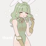  1girl =_= adapted_costume animal_ears bangs bare_arms bare_hips blunt_bangs breasts brown_gloves bunny_ears closed_eyes cowboy_shot facing_viewer fake_animal_ears flower futaba_sana gloves green_hair green_leotard grey_background groin hand_up happy holding holding_hair laughing leotard light_blush magia_record:_mahou_shoujo_madoka_magica_gaiden mahou_shoujo_madoka_magica medium_hair muted_color no_nose parted_lips ribbed_leotard shiny shiny_hair sidelocks simple_background small_breasts solo turtleneck turtleneck_leotard wavy_hair white_flower yuri7s0 