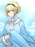  1girl aegis_(persona) android arm_up bangs blonde_hair blue_dress blue_sky cloud cloudy_sky collar collared_dress dress frilled_collar frilled_dress frilled_sleeves frills hair_between_eyes hair_intakes hand_up highres kokomi_(aniesuakkaman) long_sleeves ocean open_mouth parted_lips persona persona_3 shiny shiny_hair short_hair signature simple_background sky solo_focus sunlight teeth white_collar wide_sleeves 