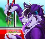  anthro bodily_fluids canid canine canis domestic_dog food husky imminent_vore male male/male male_pred male_prey mammal micro noodles nordic_sled_dog open_mouth paws pawzzhky ramen saliva solo spitz vore wolf 