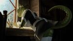  16:9 2021 3d_(artwork) anthro argonian bethesda_softworks blender_(software) breasts butt clothed clothing digital_media_(artwork) female furniture green_body green_scales headgear headwear hi_res horn leaning leaning_on_table maid_uniform orange_eyes raised_tail scales scalie solo spikes teeth the_elder_scrolls threedeedude uniform video_games widescreen 