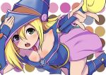  1girl blonde_hair blue_footwear blue_headwear breasts cleavage dark_magician_girl green_eyes jewelry looking_at_viewer necklace open_mouth overbite pentagram pink_skirt polka_dot polka_dot_background skirt spako wand yu-gi-oh! 