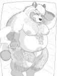  2021 anthro bed canid canine clothing furniture hairy hi_res hysk kemono lying male mammal monochrome moobs nipples overweight overweight_anthro overweight_male raccoon_dog solo tanuki tongue tongue_out underwear 