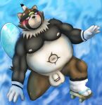  2021 anthro balls belly big_balls blush brown_body brown_fur canid canine clothing flaccid footwear fur genitals hi_res humanoid_genitalia humanoid_hands humanoid_penis kemono live-a-hero male mammal moobs nipples overweight overweight_anthro overweight_male penis raccoon_dog sandals shoen solo tanuki video_games yom_mido_plus 