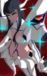  1girl bakuzan black_hair blue_eyes blush boots breasts epaulettes eyebrows high_heels highres junketsu kamui_(kill_la_kill) katana kill_la_kill kiryuuin_satsuki large_breasts long_hair looking_at_viewer navel revealing_clothes short_hair smile solo stomach sword thick_eyebrows thigh_boots thighhighs thighs weapon werfmight 