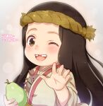  1girl blush brown_eyes brown_hair commentary food fruit fumetsu_no_anata_e highres holding holding_food long_hair looking_at_viewer march_(fumetsu_no_anata_e) missing_teeth nose_blush one_eye_closed pear samneco simple_background solo teeth translated 