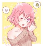  1girl bangs blush breasts closed_eyes long_sleeves looking_at_viewer niconico nqrse off_shoulder open_mouth pink_eyes pink_hair rummy_73 short_hair simple_background upper_body utaite_(singer) 