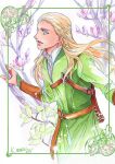  1boy blonde_hair blue_eyes bracer braid branch flower highres kazuki-mendou legolas long_hair long_sleeves lord_of_the_rings male_focus open_mouth pink_flower quiver robe side_braid signature smile solo tree 