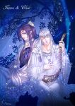  2boys artist_logo blue_theme circlet closed_mouth elwe finwe glint harp highres holding holding_instrument instrument kazuki-mendou long_hair long_sleeves male_focus multiple_boys music photoshop_(medium) playing_instrument pointy_ears purple_eyes purple_hair robe silmarillion sitting tree white_hair wide_sleeves 