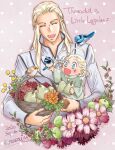  2boys :d apple basket bird blonde_hair blue_eyes blush character_name child dated father_and_son flower food fruit highres kazuki-mendou legolas long_hair multiple_boys open_mouth orange_flower pear pink_background pointy_ears signature simple_background smile the_hobbit thranduil yellow_flower younger 