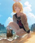  1girl bangs bare_legs barefoot beach black_skirt blonde_hair blue_eyes blue_sailor_collar blue_shirt brown_cardigan brown_hair cardigan cloud copyright_request day eyebrows_visible_through_hair fajyobore full_body grin hand_up highres holding holding_shoes kagamine_rin loafers long_sleeves looking_at_viewer neckerchief ocean red_neckwear sailor_collar school_uniform serafuku shirt shoes shoes_removed short_hair skirt sky smile solo squatting v vocaloid 