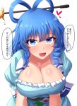  1girl :d bang blue_eyes blue_hair bouncing_breasts breasts cleavage collarbone eyebrows_visible_through_hair finger_gun fusu_(a95101221) hair_ornament hair_rings hair_stick kaku_seiga open_mouth short_sleeves simple_background smile solo speech_bubble touhou translation_request white_background 