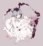  2girls :o aqua_hair ass bangs bare_shoulders barefoot blunt_bangs breast_press breasts bright_pupils capcom cleavage demon_girl demon_wings english_commentary fangs feet from_above full_body grey_background hair_between_eyes hands head_wings kneeling large_breasts lilith_aensland long_hair looking_at_viewer looking_up morrigan_aensland multiple_girls nude pink_hair poch4n pose short_hair siblings simple_background sisters sitting small_breasts spot_color symmetrical_docking vampire_(game) very_long_hair very_short_hair wariza white_pupils wings 