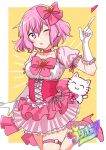  1girl cat dress fingerprint highres looking_at_viewer niconico nqrse open_mouth pink_eyes pink_hair rummy_73 short_hair simple_background skirt smile solo utaite_(singer) 
