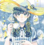  1girl bangs blue_background blue_bow blue_eyes blue_hair bow braid cup earrings food fruit hat hat_bow hat_ornament jewelry lemon lemon_slice looking_at_viewer original saucer shirt short_sleeves striped striped_shirt teabag teacup twin_braids upper_body white_headwear yellow_pupils yuzor_a_rancia 