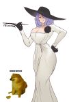  1girl alcina_dimitrescu alcina_dimitrescu_(cosplay) black_gloves breasts camilla_(fire_emblem) cleavage cosplay crossover dress earrings fire_emblem fire_emblem_fates fire_emblem_heroes gloves hair_over_one_eye hat highres jewelry large_breasts long_hair looking_at_viewer makeup moize_opel necklace pearl_necklace purple_eyes purple_hair resident_evil resident_evil_village simple_background smile solo sun_hat very_long_hair wavy_hair white_dress 