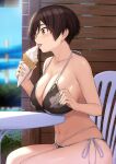  1girl bare_arms bare_shoulders bikini black_bikini black_hair blurry breast_rest breasts brown_eyes cccpo chair cleavage depth_of_field food halter_top halterneck highres holding ice_cream large_breasts licking looking_down multi-strapped_bikini navel original outdoors short_hair side-tie_bikini sitting solo stomach strap_gap string_bikini swimsuit table thighs tongue tongue_out 