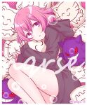  1girl bangs breasts bubble character_doll gen_1_pokemon gengar holding hood hoodie long_sleeves looking_at_viewer monster niconico nqrse open_mouth pillow pillow_hug pink_eyes pink_hair pokemon rummy_73 short_hair simple_background solo upper_body utaite_(singer) 