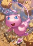  :d blue_eyes cloud commentary day electricity flying gen_1_pokemon highres mew mythical_pokemon no_humans open_mouth outdoors outstretched_arms pokemon pokemon_(creature) rock sky smile spareribs toes tongue 
