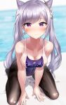  1girl 3: bare_shoulders blurry blurry_background blush breasts cleavage competition_swimsuit double_bun earrings genshin_impact highres jewelry keqing_(genshin_impact) large_breasts leaning_forward long_hair looking_at_viewer one-piece_swimsuit pantyhose pool purple_eyes purple_hair shirosaba solo swimsuit very_long_hair water 