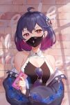  1girl absurdres ahoge bad_id bad_pixiv_id bare_shoulders benghuai_xueyuan breasts brick_wall cellphone cleavage crossed_arms eyewear_removed graffiti hair_between_eyes hair_ornament highres holding holding_phone honkai_(series) honkai_impact_3rd jacket large_breasts long_sleeves looking_at_viewer mask mouth_mask multicolored_hair multiple_girls nail_polish off_shoulder phone purple_hair purple_nails red_eyes red_hair seele_(alter_ego) shirt short_hair sleeveless sleeveless_shirt smartphone sunglasses takeawatch two-tone_hair 