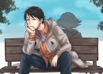  1boy 1girl bench black_eyes black_hair black_pants cigarette day elbow_on_knee grey_jacket head_rest hood hood_down jacket mouth_hold nonaka_haru orange_shirt outdoors pants shirt short_hair shushu88514049 sitting smoking uozumi_rikuo yesterday_wo_utatte 