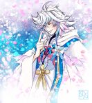  1boy cherry_blossoms fate/grand_order fate_(series) flower_knot hand_up index_finger_raised kazuki-mendou looking_at_viewer male_focus merlin_(fate) one_eye_closed purple_eyes purple_hair robe signature smile solo white_hair 