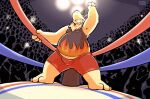  anthro barefoot bottomwear bulge clothing crowd feet fighting_ring group hi_res male mask nintendo overweight overweight_male pok&eacute;mon pok&eacute;mon_(species) raburigaron shirt shorts slightly_chubby solo sports_mask sportswear standing tank_top topwear typhlosion video_games wrestling_mask 