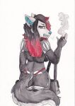  angry anthro bag bottomwear bra canid canine canis cigarette clothing domestic_dog female highlights_(coloring) husky mammal miniskirt nordic_sled_dog punk skirt solo sonja_wusky spitz teeth thong underwear unknown_artist wolf 