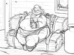  2021 anthro babe_bunyan bodily_fluids bovid bovine cattle clothing detailed_background hi_res male mammal obese obese_anthro obese_male overalls overweight overweight_anthro overweight_male sitting sketch solo sweat tokyo_afterschool_summoners truly032 video_games 