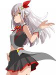  1girl black_skirt black_vest bow bowtie cape clothing_cutout cowboy_shot crop_top cropped_shirt grey_cape grey_hair grey_shirt hair_flaps hair_ornament hair_ribbon hand_on_own_hip hand_up highres hololive kotoriinu long_hair looking_at_viewer looking_back midriff navel navel_cutout open_clothes open_vest parted_lips pleated_skirt red_bow red_bowtie red_ribbon ribbon shirt sidelocks simple_background skirt sleeveless sleeveless_shirt solo star_(symbol) star_hair_ornament tokino_sora tokino_sora_(1st_costume) vest virtual_youtuber white_background white_shirt wrist_cuffs yellow_eyes yoruno_sora 