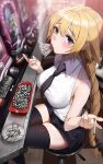 1girl ashtray bangs bare_shoulders black_legwear black_neckwear black_shorts blonde_hair blue_eyes blurry blurry_background blush braid casino cigarette collared_shirt commentary_request fate/grand_order fate_(series) highres holding holding_cigarette indoors jeanne_d&#039;arc_(fate) jeanne_d&#039;arc_(fate)_(all) long_hair looking_at_viewer mouth_hold necktie shirt short_necktie shorts single_braid sitting skindentation sleeveless sleeveless_shirt smoke smoking solo suou-sensei thighhighs too_many very_long_hair 