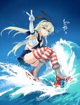  1girl anchor_hair_ornament bangs black_panties blonde_hair blue_eyes blue_sailor_collar blue_skirt breasts day doyagao elbow_gloves furufuru_fugu gloves hair_between_eyes hair_ornament highleg highleg_panties highres kantai_collection long_hair miniskirt neckerchief open_mouth outdoors panties pleated_skirt rudder_footwear sailor_collar school_uniform serafuku shimakaze_(kancolle) skirt sky sleeveless small_breasts smug solo sparkle striped striped_legwear surfing thighhighs underwear v water wet white_gloves 