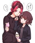  1boy 1girl araki_(utaite) brown_hair brown_hoodie crepe eating food hood hoodie looking_at_viewer niconico nqrse open_mouth red_hair rummy_73 translated utaite_(singer) white_background 