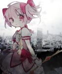  1girl absurdres bow bow_(weapon) bubble_skirt building choker city cityscape dress eyebrows_visible_through_hair frilled_dress frills gloves grey_background hair_between_eyes hair_ribbon hand_on_own_chest highres kaname_madoka looking_back magical_girl mahou_shoujo_madoka_magica pink_dress pink_eyes pink_hair pink_ribbon ribbon skirt sky soresaki weapon white_gloves 