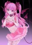  1girl ai_yumeka bat_wings black_background bow breasts choker cleavage cleavage_cutout clothing_cutout demon_tail ear_piercing eyebrows_visible_through_hair fang fingernails frilled_skirt frills garters gradient gradient_background grin heart heart_cutout heart_hands highres indie_virtual_youtuber long_hair navel ompf piercing pink_bow pink_eyes pink_hair pink_skirt pointy_ears simple_background skirt smile tail two_side_up white_legwear wings 