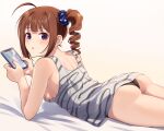  1girl ahoge ass bangs bare_shoulders black_panties blush breasts brown_hair cellphone commentary_request drill_hair holding holding_phone idolmaster idolmaster_million_live! idolmaster_million_live!_theater_days kamille_(vcx68) looking_at_viewer lying medium_hair on_stomach panties parted_lips phone purple_eyes scrunchie shirt side_ponytail sleeveless sleeveless_shirt small_breasts smartphone solo striped striped_shirt thighs underwear white_shirt yokoyama_nao 