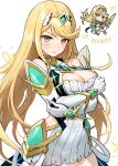  1girl bangs bare_legs bare_shoulders blonde_hair blush breasts chest_jewel cleavage cleavage_cutout clothing_cutout dress earrings elbow_gloves gloves highres jewelry large_breasts long_hair looking_at_viewer mythra_(xenoblade) short_dress smile swept_bangs takeashiro tiara very_long_hair white_dress white_gloves xenoblade_chronicles_(series) xenoblade_chronicles_2 yellow_eyes 