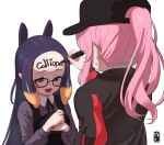  2girls black-framed_eyewear black_dress black_headwear black_jacket body_writing commentary dress english_commentary glasses hat holding hololive hololive_english jacket long_hair mori_calliope multiple_girls ninomae_ina&#039;nis open_mouth pink_hair ponytail purple_eyes purple_hair simple_background smile striped sweatdrop upper_body vertical-striped_dress vertical_stripes virtual_youtuber voc white_background 