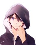  1boy bangs black_hair black_jacket commentary_request grey_eyes hair_between_eyes hand_up head_tilt highres hood hood_up hooded_jacket jacket kirito male_focus parted_lips signature simple_background solo sword_art_online tsukimori_usako upper_body white_background 