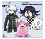  2boys :d ahoge android angry bangs blue_background border checkered checkered_scarf clenched_teeth commentary_request danganronpa_(series) danganronpa_v3:_killing_harmony frown furby furukawa_(yomawari) grey_hair hand_up highres jacket keebo long_sleeves male_focus multiple_boys open_mouth ouma_kokichi pale_skin scarf smile standing straitjacket teeth white_border white_jacket wide-eyed 