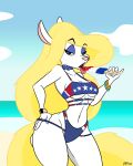  49ersrule07_(artist) animaniacs anthro beach bikini blonde_hair blonde_tail blue_eyeshadow bracelet clothing eyeshadow female food fur hair hand_on_hip hi_res jewelry licking_popsicle makeup mammal minerva_mink mink mustelid musteline navel popsicle seaside solo stars_and_stripes summer swimwear thick_thighs tongue tongue_out true_musteline united_states_of_america warner_brothers white_body white_fur 