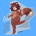  abstract_background anthro brown_eyes colorful energetic fangs female fluffy hi_res looking_aside mammal no_shoes peace_symbol pinup pinup_pose pose procyonid raccoon sfw_nudity smile solo tkup_(tkupbook) tkupbook 