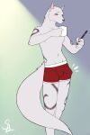  anthro arctic_wolf beverage blush boxer_briefs briefs bulge canid canine canis clothed clothing cup erection hi_res isaac_(isaactehwolf) male mammal partially_clothed phone siamkhan solo underwear wolf 