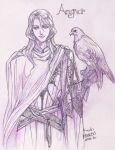  1boy armor belt bird breastplate cape character_name closed_mouth dated falconry gloves graphite_(medium) hawk kazuki-mendou long_hair male_focus monochrome purple_theme signature silmarillion solo traditional_media 